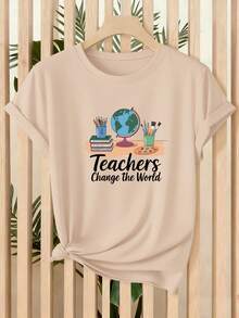 Women's Casual Blouse, New Summer Short-Sleeved T-Shirt For Women With Educational Print Of Earth And Stationery-Related Themes, Suitable For Home, Office And Travel, Versatile Top, Cotton T-Shirts For Women. - 杏色 - 查看 12