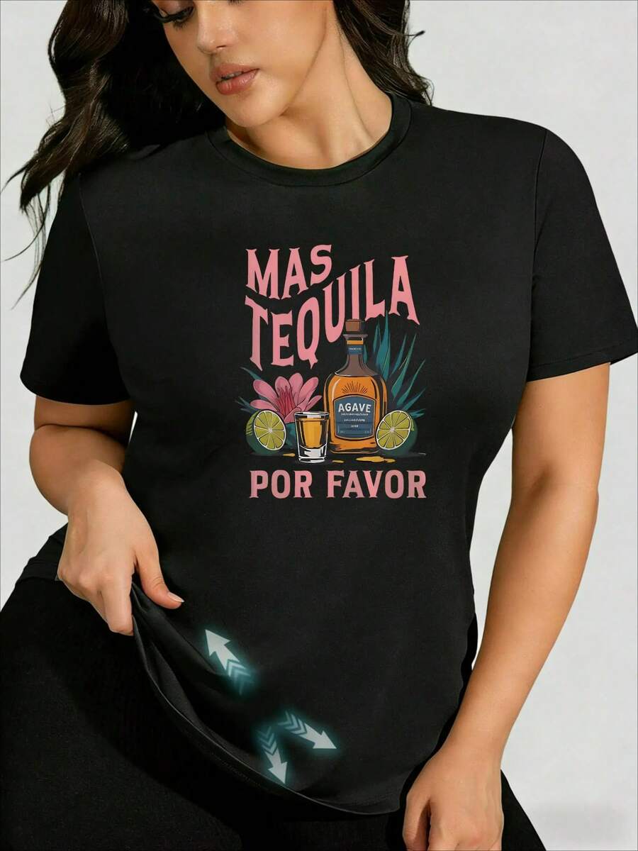 Playeras casuales de mujer de algodón manga corta estampado Mas Tequila Por Favor cómoda para uso diario - Negro - Ver 1