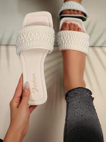 女士夏季凉鞋，新款方头平底凉鞋，时尚纯色套脚沙滩拖鞋，防滑家居拖鞋，公寓鞋 - 白色 - 查看 1