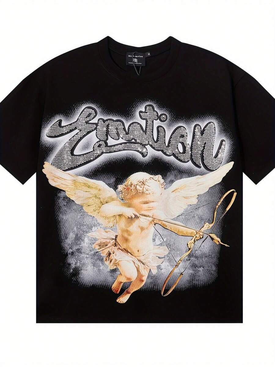 Camiseta gráfica 3D para hombre, peso pesado, con diseño de ángel y caballo, con letras góticas, tejido elástico, cuello redondo, mangas cortas, ropa casual y deportiva para todas las estaciones, lavable en máquina, camiseta negra para uso diario y ocasiones especiales.Ajuste cómodo y duradero, transpirable, disponibles en varios tamaños y colores, ajuste cómodo, amantes de la ropa de calle, moda de la calle, ropa de calle de moda, estilo de calle, moda para jóvenes adultos. - Negro - Ver 1