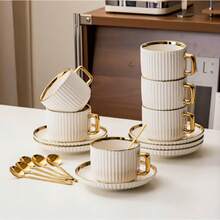 Vintage Kaffeebecher-und Untersetzerset,Keramikbecher und Untersetzer, Trinkutensilien furZuhause und Buro, Geschenkideen, Getrankeutensilien - Weiss - Übersicht 9