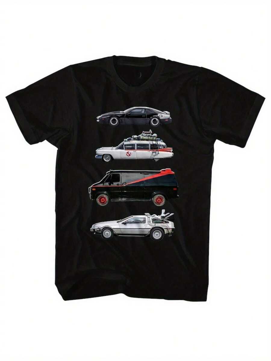 Men's Black Knight Graphic T-Shirt - Short Sleeve Crew Neck Cotton T-Shirt With Retro KITT And Ecto-Car Prints, Regular Fit, Breathable And Comfortable, Nostalgic Urban Style Design, Machine Washable, All-Season Casual Wear, Vintage T-Shirts, All-Season Clothing, Bold Print T-Shirt, Comfortable Fit T-Shirt - 黑色 - 查看 1