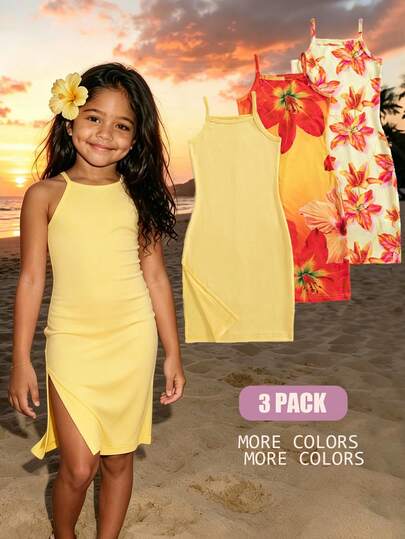 3pcs/Set Young Girls' Summer New 2026 Floral Print Solid Color Camisole Dress, Minimalist Versatile Vacation Style Dress Set