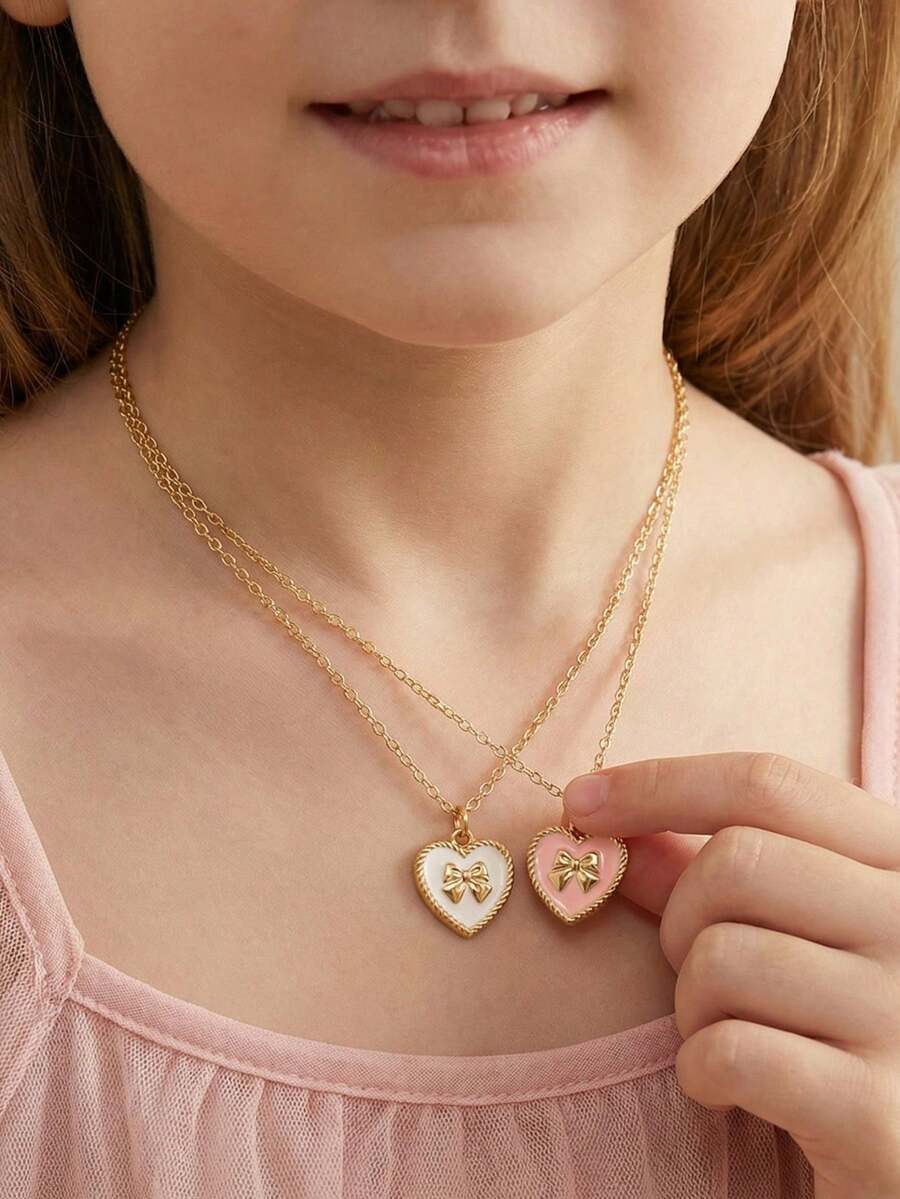 1pc/2pcs Girls Oil Drop Heart Necklace Set, Suitable For Daily Decoration - Multicolor - View 1