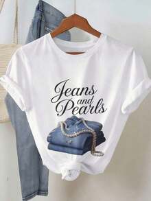 1 pieza de camiseta oversize para mujer, JEANS Y PERLAS con -0180g Algodón 100% - Negro 5 - Ver 9