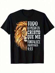 Camiseta cristiana española Filipenses 413 León de Judá para hombres y camiseta de ajuste holgado con versículo de la Escritura española (Fil 413), s, ropa de fe, prenda casual transpirable, ropa religiosa duradera, mejor opción para regalos de festivales LXRR DA9A - Negro - Ver 1