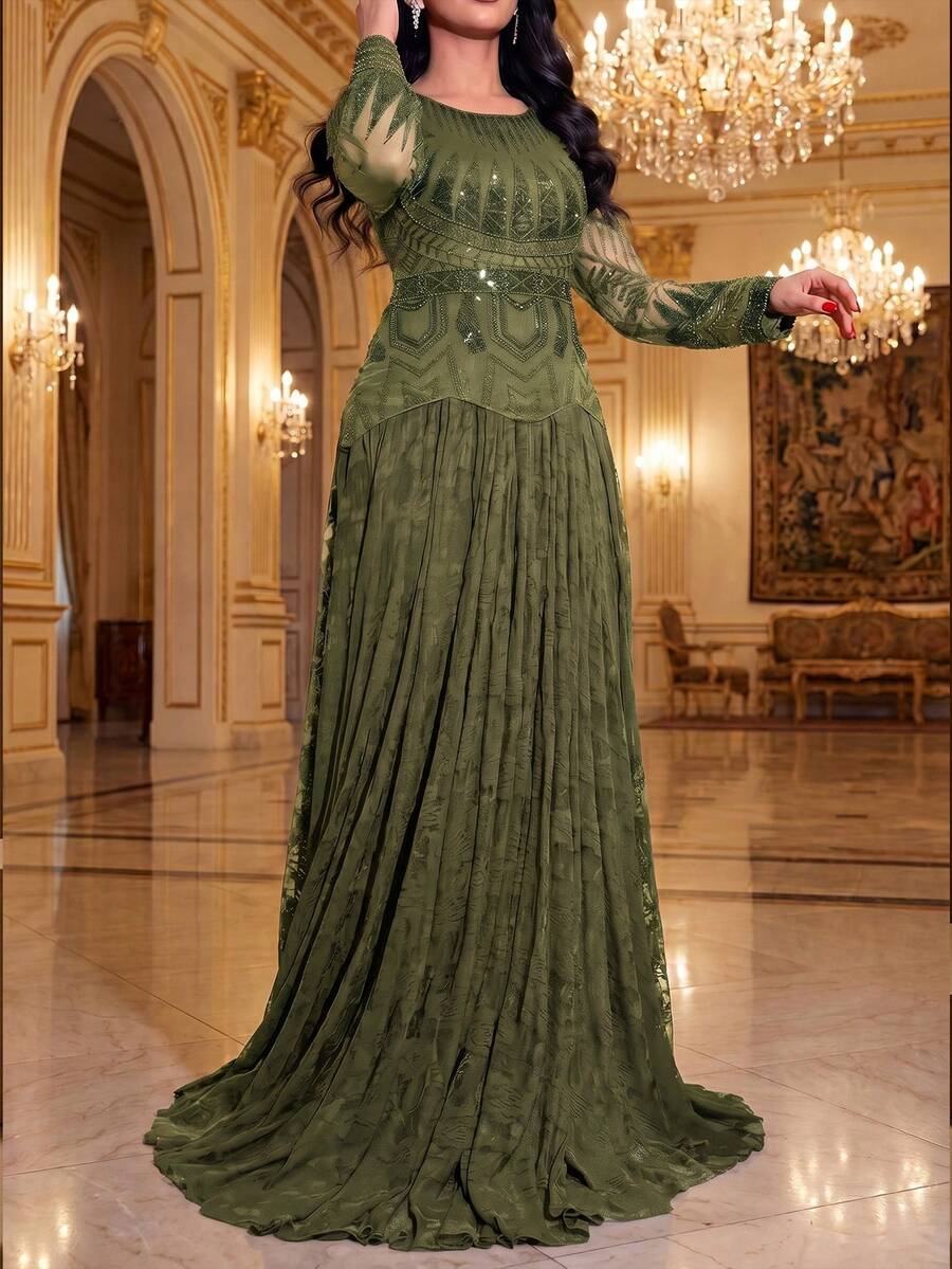 優雅女款長袖圓領綴珠薄紗長洋裝,喇叭下擺,正式晚禮服,適合婚禮派對 - 軍綠色 - 查看 1