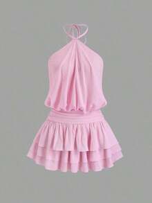 Vestido mini con espalda descubierta, estilo sexy y picante, de cuello halter, adecuado para citas, vacaciones y verano - Rosa - Ver 1