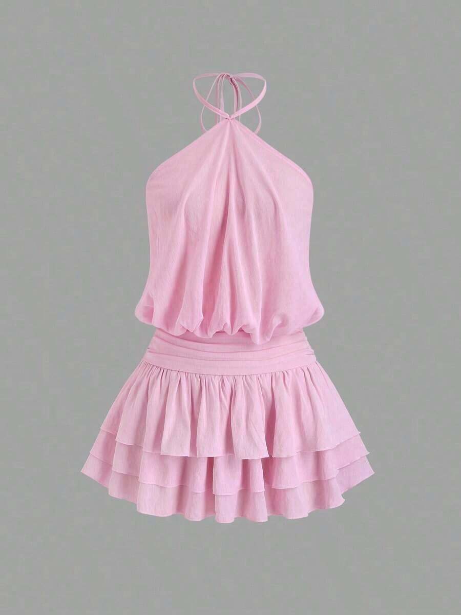 Vestido mini con espalda descubierta, estilo sexy y picante, de cuello halter, adecuado para citas, vacaciones y verano - Rosa - Ver 1