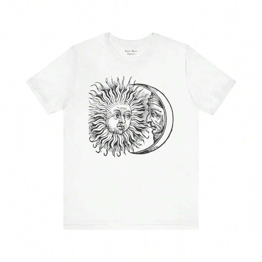 Camiseta unisex de manga corta con diseño de eclipse, arte vintage, sol y luna, arte oculto, astrología, lunar y horóscopo. - Blanco - Ver 1