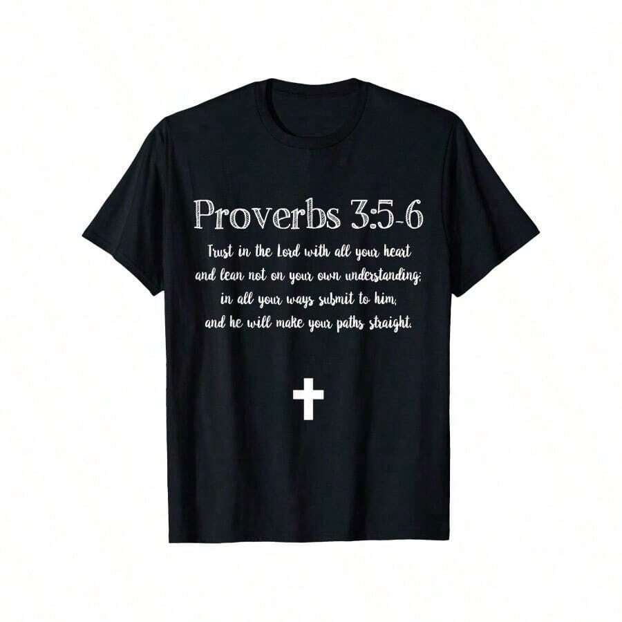 Proverbios 3:5-6 Versículo Bíblico Escritura Cristiana Camiseta de Algodón para Hombres Camiseta de Manga Corta para Hombres Camisetas para Mujeres y Hombres Camiseta Familiar - Negro - Ver 1