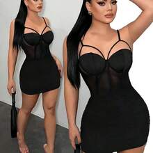 Soqi Women's Clothing   Vestido negro de malla ajustado tipo bustier - Negro - Ver 2