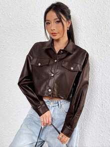 Chaqueta de cuero PU corta de color marrón sólido y minimalista para mujer, de manga larga - Marrón - Ver 5