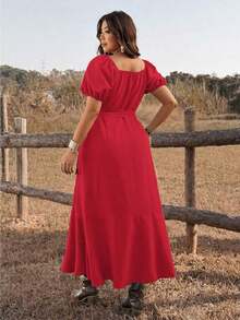 Ceyna Vestido de mujer talla grande elegante y minimalista para vacaciones, con cuello de ojo de cerradura, mangas de pétalo y lazo delantero - Rosa Roja - Ver 2