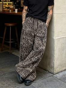 Men's Outdoor Casual Loose Leopard Print Long Pants, American Vintage Street Style Fashion Sweatpants Straight Leg Pants - Black - View 2