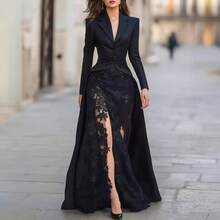 Vestido conjunto dos piezas de encaje manga larga cuello blazer primavera‑otoño mujer - Negro - Ver 1