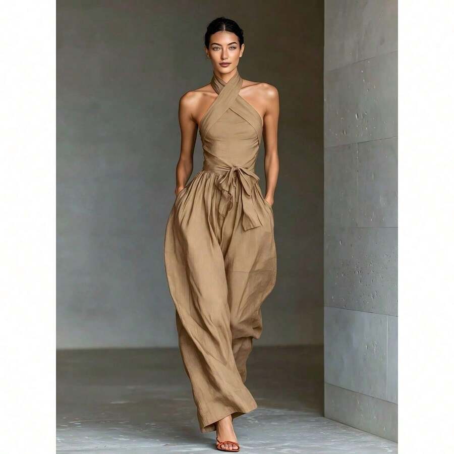 Mono nuevo para mujer de lino con tirantes cruzados, cordón ajustable y pantalones anchos - Caqui - Ver 1