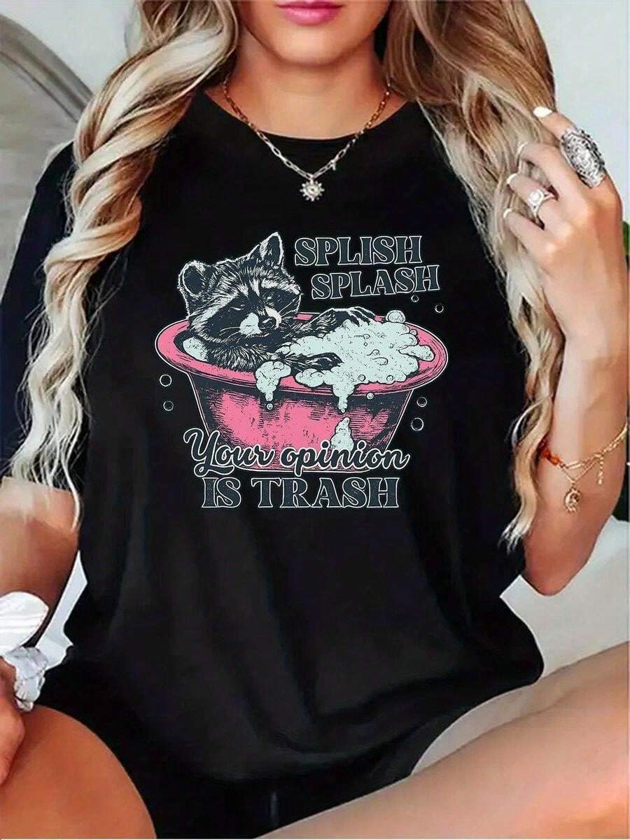 1 pieza de playera para hombre y mujer, 100% algodón puro, cuello redondo casual con estampado, manga corta transpirable para uso diario, modelo femenino con dise?o de espuma de ba?o - Negro - Ver 1