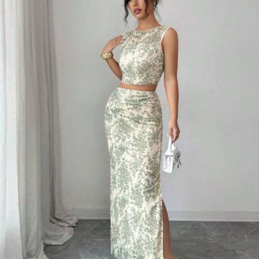 YijiaNvz Vestido ajustado de mujer con abertura, de malla con efecto tie-dye degradado sin mangas, conjunto de 2 piezas - Verde - Ver 1