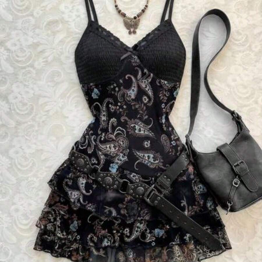 Nana's Women's Clothing Store  Vestido de mujer, estampado de flor de anacardo y malla con contraste de colores, para resort - Negro - Ver 1