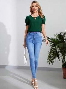 Blusa con cuello de ojal y manga abullonada, blusas de manga corta - Verde Oscuro - Ver 4