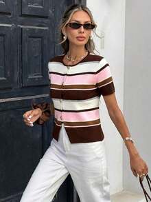 Suéter de punto de manga corta con cuello redondo y botones, de estilo casual, minimalista, retro y elegante, versátil y cálido, ideal para playa, vacaciones y atuendo de verano para mujer - Multicolor 8 - Ver 5
