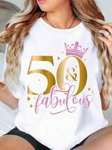 Camiseta de Cumpleaños "50 y Fabulosa" para Mujer, Regalo de 50º Cumpleaños con Diseño de Corona, Estampado Dorado y Rosa, Camiseta para Celebración, Camiseta de Algodón - Blanco - Ver 11