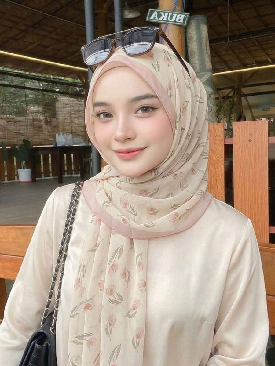 1件裝女款薄款花卉印花喬其紗希賈布長巾,輕盈柔軟舒適透氣,高端數位印花時尚百搭女用多功能長圍巾,適合日常外出、散步、購物等,四季皆宜 - 粉紅鬱金香 - 查看 1