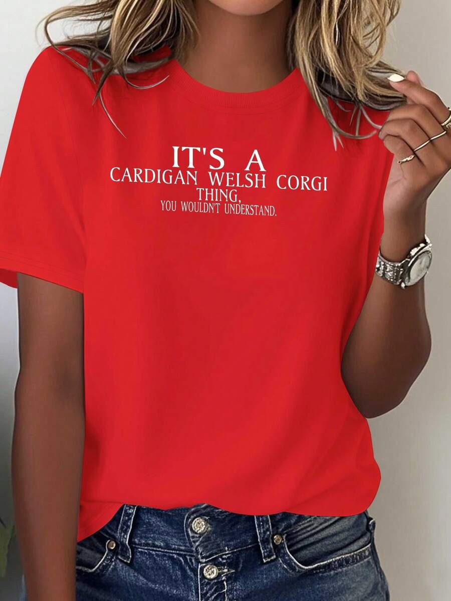 Women's Casual T-Shirt - "It's A Welsh Corgi Cardigan, You Wouldn't Understand" Design, Short Sleeves, Crew Neck, Lightweight And Breathable, Suitable For Casual Wear. | Fun Print T-Shirt | Comfortable And Well-Fitting Casual Blouse For Women - 紅色 - 查看 1