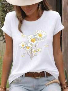 Camisetas de Verano 2026 para Mujer, Camiseta Casual de Cuello Redondo, Camiseta con Estampado de Margaritas Blancas y Mariposas, Estilo Fresco y Natural, Diseño Floral Campestre e Insectos, Camiseta de Cuello Redondo, Transpirable, Ligera y Cómoda, Perfecta para Primavera y Verano, Camisetas Blancas, Ideal para el Día de San Valentín, Mardi Gras, Camisetas de Verano, Para Mujer, Ropa Elegante para Mujer, Holgada y Cómoda, Ropa de Verano, Conjuntos de Verano para Mujer - Blanco - Ver 2