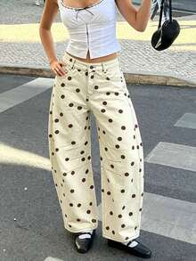 Moda femenina Polka jeans de piernas anchas con lunares, pantalones de barril sueltos en la cintura media, pantalones vaqueros estéticos y casuales y2k, adecuados para el uso diario en la calle - marrón café - Ver 2