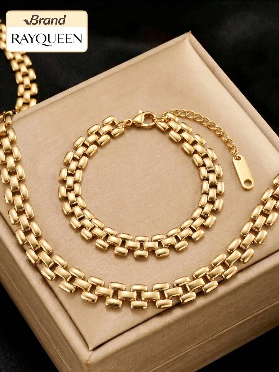 RAYQUEEN New Stainless Steel Hip Hop Geometric Chain Necklace & Bracelet Set, Suitable For Daily Wear And Gift - Yellow Gold - View 1