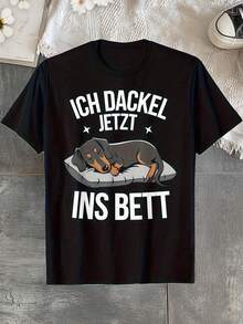 Camiseta de Hombre con Gráfico Divertido de Dachshund - Frase Alemana "Ich Dackel Ins Bestt", Perro Durmiendo, con Estampado Blanco, Tejido Suave y Transpirable, Manga Corta, Cuello Redondo, Diseño Humorístico para Uso Casual - Negro - Ver 2