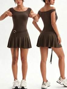 Women's Round Neck Sleeveless Fitted Fashion Casual Elegant Minimalist Decorative Button Mini Dress For Daily Wear, Sports, Yoga, Running, Fitness, Spring, Summer, Autumn - Brown - View 3