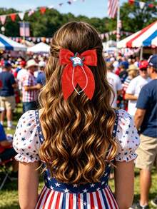 2 peças de laços de cabelo brilhantes para o 4 de julho para adolescentes, com laços de miçangas, presilhas de jacaré, presilhas de cabelo com glitter e estrelas, presilhas grandes com cauda para o Dia da Independência, presilhas delicadas para o 250º aniversário dos Estados Unidos, acessórios de cabelo para adolescentes. - Vermelho - Ver 2