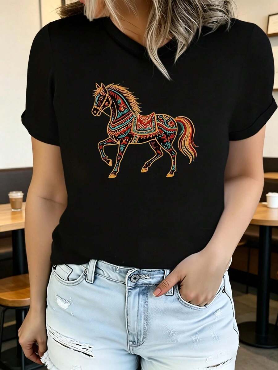 Breathable Women's Printed Short Sleeve Summer T-Shirt, Modern And Casual, Machine Washable, Comfortable Fit, 2D Flat Print, Elegant Blouses For Women, Women's Sportswear. - 黑色 7 - 查看 1