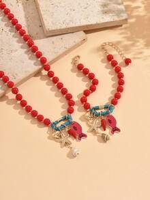 1pc Elegant Fashion Vacation Style Colorful Beaded Alloy Seashell Multi-Element Necklace & Bracelet Set, Suitable For Vacation Wear, Slimming And Elegant - Hot Pink - View 5