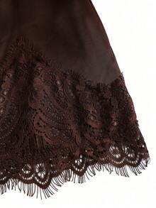 Elegant French Vintage Elastic Satin Texture Silky Brown Casual Contrast Lace Skirt, Fashionable Versatile - Brown - View 8