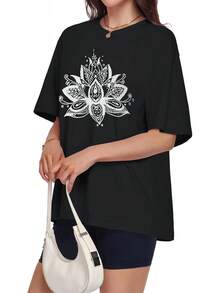 ADOREJOY Camisetas de ajuste holgado para mujer, cuello redondo, manga corta, básicas, gráficas, de verano - negro, blanco (Black White Flower) - Ver 5