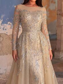 Faeriesty Đầm dạ hội dài tay dáng đuôi cá đính sequin sang trọng dành cho nữ - Thêu tinh xảo, dáng ôm xòe nhẹ, đính pha lê toàn thân, thích hợp cho các buổi tiệc cưới trang trọng, sự kiện thảm đỏ, dạ hội và lễ kỷ niệm. - Rượu sâm banh - Xem 5