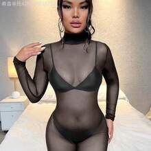 Fengyu Women's Clothing Store   Jumpsuit unitard de cuello cisne de malla sin lencería - Multicolor - Ver 4