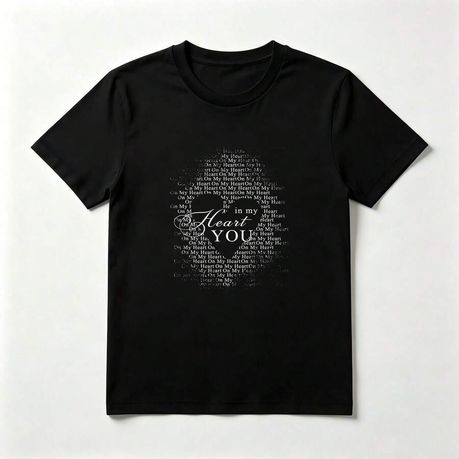 Texto Corazón Playera de Algodón Negro con Diseño de Palabras - Negro - Ver 1