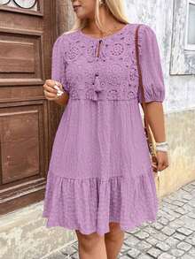 Vestido de verano casual con cuello redondo y pliegues para mujer de talla grande - Morado - Ver 1