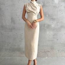 YijiaNvz  Vestido de verano de mujer elegante de unicolor con cuello de pie que ciñe la cintura - Albaricoque - Ver 4