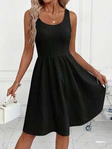 Vestido corto casual de mujer con cuello redondo y sin mangas con estampado de lunares - Negro - Ver 12