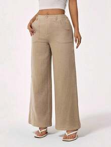 PETITE Pantalones rectos de cintura baja de 100% algodón lavado, pantalones de lino para mujer, pantalones de verano, pantalones anchos de mujer, pantalones de verano, otoño y ropa de otoño para mujer - Caqui 2 - Ver 8