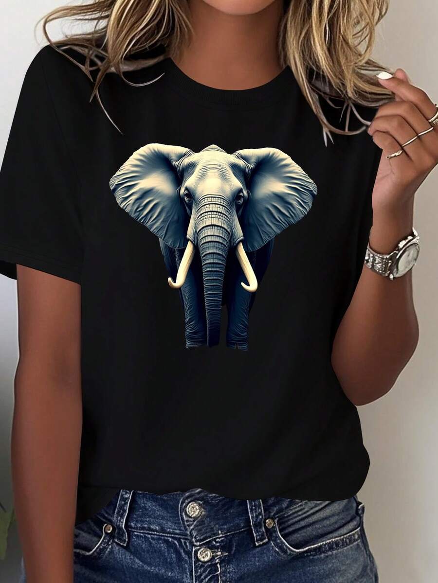 Camiseta de y Azul con Diseño de Elefante y Cielo Estrellado - Camiseta casual de manga corta y cuello redondo, estampado geométrico, diseño de elefante, cómoda y elegante para todas las estaciones, lavable a máquina, blusa casual mujer. - Negro - Ver 1