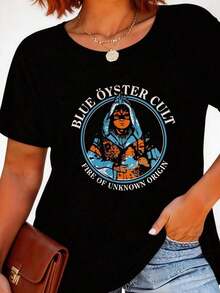 Camiseta Gráfica Blue Oyster Cult para Mujer, de Algodón, Casual, de Manga Corta, Cuello Redondo, Estilo Minimalista, con Estampado de Anime/Slogan/Banda, Tejido Cómodo de Elasticidad Media, Lavable a Máquina - Versátil para Uso Diario, Deportivo o Ocasiones Especiales - Negro - Ver 1