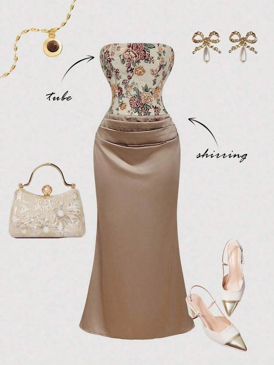 MOD Women's Floral Patchwork Jacquard Pleated Mermaid Hem Elegant Strapless Midi Dress. Floral Jacquard Satin Maxi Dress, Strapless, Beige Brown, Vintage Banquet Gown, Elegant Evening Dress, Wedding Guest Dress, Floral Embroidered Bodice, Formal Party, Anniversary, Prom, Cocktail, Fitted Silhouette, Mermaid Style, Chic, Fashionable, Classy, Textured Fabric, Special Occasion, Bridesmaid Dress, Romantic, Statement Dress, Reception, Ceremony, Luxury, Glamorous, Modern, Floor Length, Garden Party, Spring - Nhiều màu - Xem 1