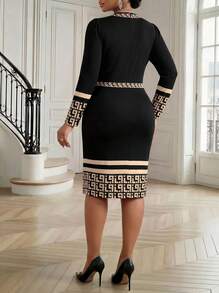 Fleurora Vestido ajustado de talla grande con estampado geométrico, adecuado para ir al trabajo - Multicolor - Ver 2